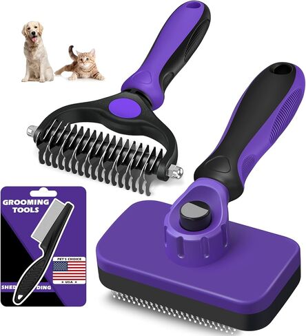 3PCS Self Cleaning Slicker Brush & Pet Grooming Rake & Bath Brush for Dogs,Cats and Horses | Double-Sided Dematting Comb & Skin Friendly Deshedding Grooming Tool (J-Green Black) in Kuwait