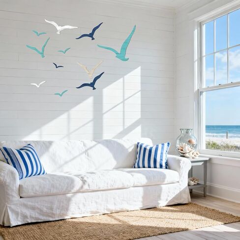 Juyuspesrk 11Pcs Wooden Seagull Wall Decor,Coastal Wall Art,Nautical Theme Beach Adhesive Seagull,Beach Wall Art Decor for Living Room, Office,Home Decorative (Brown+blue+white) in Saudi Arabia