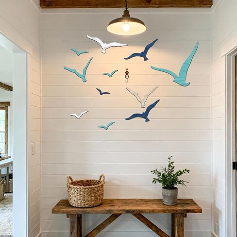 Juyuspesrk 11Pcs Wooden Seagull Wall Decor,Coastal Wall Art,Nautical Theme Beach Adhesive Seagull,Beach Wall Art Decor for Living Room, Office,Home Decorative (Brown+blue+white) in Saudi Arabia