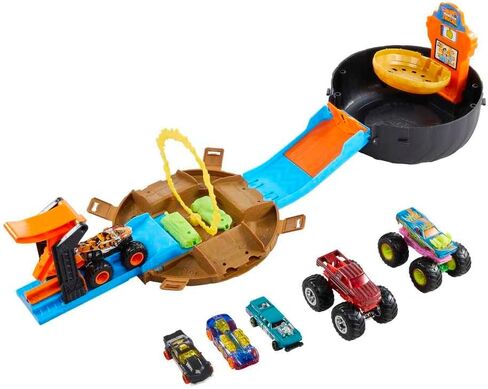 العجلات الساخنة Toy Monster Trucks ، تتحول العلبة على شكل إطارات إلى دورة سباق ، 3 شاحنات و 4 سيارات في مقياس 1:64 ، Stunt Tyre (Amazon Exclusive) in Saudi Arabia