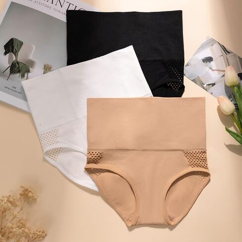 3 PCS Women High Waist Seamless Shaping Underwear Set, Tummy Support Mesh Patch Design, Soft Fit Smoothing Innerwear in Saudi Arabia