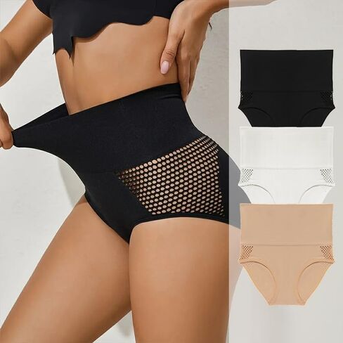 3 PCS Women High Waist Seamless Shaping Underwear Set, Tummy Support Mesh Patch Design, Soft Fit Smoothing Innerwear in Saudi Arabia