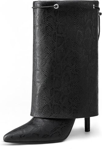 NEWBELLA Women's Fashion Mid Calf Boots - Pointed Toe Stiletto Heel Fold Over Collar Booties, Casual Versatile Boots for Fall & Winter in Saudi Arabia