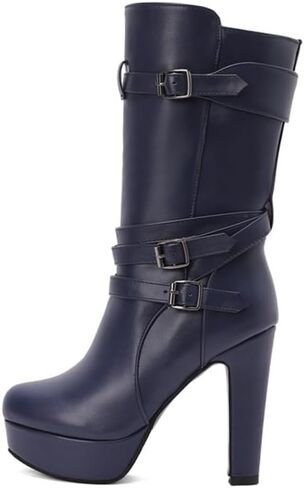 Boots Women's Extra Wide Round Toe Thick High Heels Mid Calf Platfrom Boots with Belt Buckle in Saudi Arabia