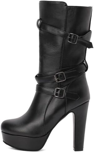 Boots Women's Extra Wide Round Toe Thick High Heels Mid Calf Platfrom Boots with Belt Buckle in Saudi Arabia