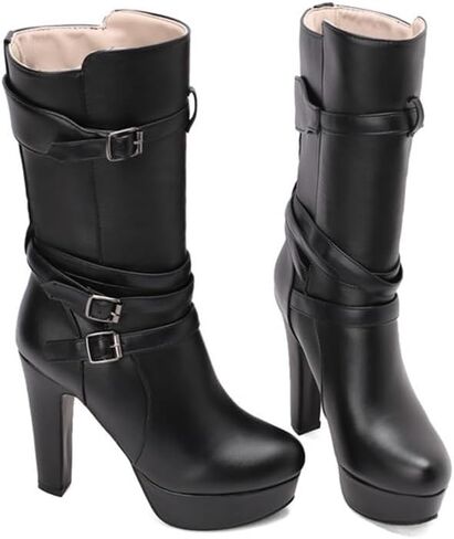 Boots Women's Extra Wide Round Toe Thick High Heels Mid Calf Platfrom Boots with Belt Buckle in Saudi Arabia