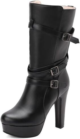 Boots Women's Extra Wide Round Toe Thick High Heels Mid Calf Platfrom Boots with Belt Buckle in Saudi Arabia