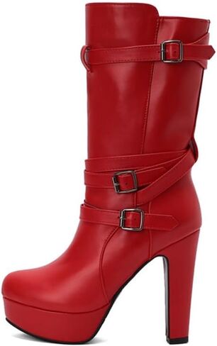 Boots Women's Extra Wide Round Toe Thick High Heels Mid Calf Platfrom Boots with Belt Buckle in Saudi Arabia