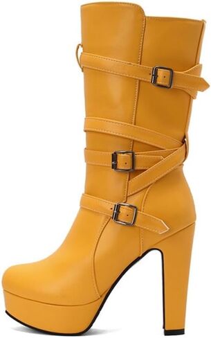 Boots Women's Extra Wide Round Toe Thick High Heels Mid Calf Platfrom Boots with Belt Buckle in Saudi Arabia