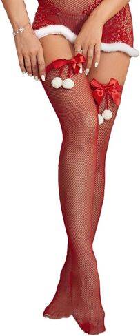 Christmas Sexy Fishnet Stockings for Women Thigh High Stockings with Bow Santa Accessory Hosiery Red in Saudi Arabia