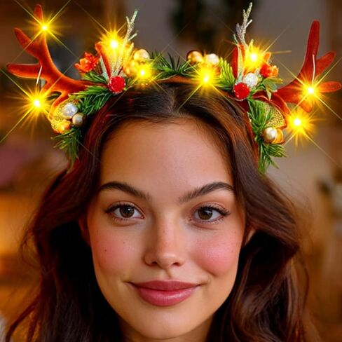 عصابة رأس جونكي كريسماس تضيء قرون الرنة، غطاء رأس لحفلات عيد الميلاد، إكسسوارات الشعر للنساء in Kuwait