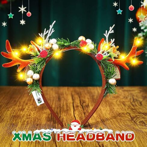 عصابة رأس جونكي كريسماس تضيء قرون الرنة، غطاء رأس لحفلات عيد الميلاد، إكسسوارات الشعر للنساء in Kuwait