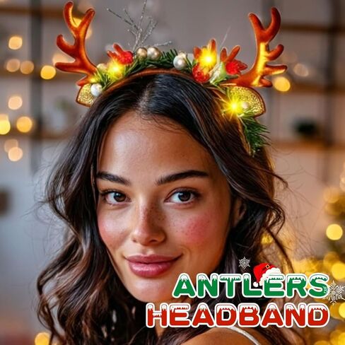 عصابة رأس جونكي كريسماس تضيء قرون الرنة، غطاء رأس لحفلات عيد الميلاد، إكسسوارات الشعر للنساء in Kuwait