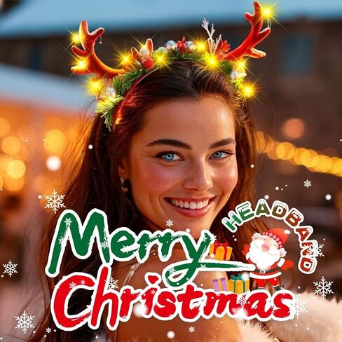 عصابة رأس جونكي كريسماس تضيء قرون الرنة، غطاء رأس لحفلات عيد الميلاد، إكسسوارات الشعر للنساء in Kuwait