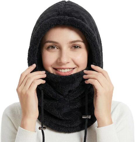 قبعة صغيرة 3 في 1 مع وشاح وقناع، وشاح بقلنسوة شتوي للرجال والنساء - مبطن بالصوف الناعم ومقاوم للرياح | معدات التزلج على الجليد في الطقس البارد (أسود) in Kuwait