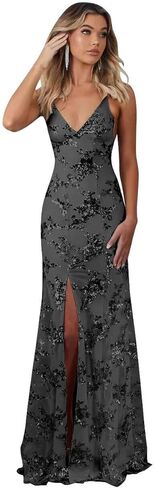 Floral Sequin Prom Dresses for Women Spaghetti Strap V Neck Mermaid Bodycon Maxi Cocktail Party Gown with Slit in Kuwait