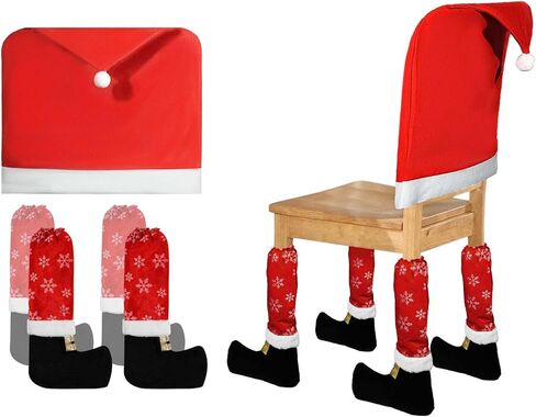 Christmas Chair Covers with 4 Pcs Christmas Chair Leg Covers, Soft Santa Hat Chair Back Cover & Christmas Chairs Leg Floor Protectors for Xmas Table Decor, Xmas Holiday Decoration (5) in Saudi Arabia
