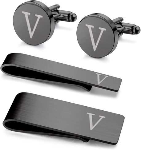 4Pcs Initial Cufflinks and Tie Bar Money Clip Set Stainless Steel Engraved Personalized Button Shirt Initials Tie Clip Alphabet Letter for Men in Saudi Arabia