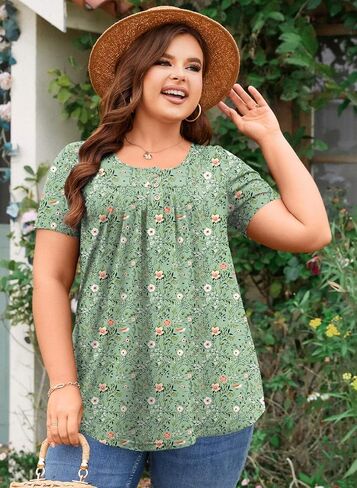 Aodemo Women's Summer Plus Size Tops Short Sleeve Shirts Henley Fit Tunic Ladies Flowy Blouse in Saudi Arabia