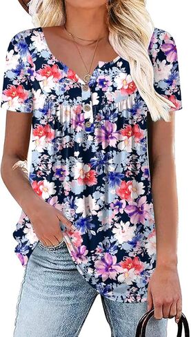 Aodemo Women's Summer Plus Size Tops Short Sleeve Shirts Henley Fit Tunic Ladies Flowy Blouse in Saudi Arabia