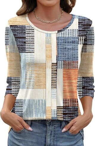 LOMON 3/4 طول كم المرأة بلايز عادية Crewneck الربيع الصيف مطوي تونك القمم عطلة الشاطئ تي شيرت in Saudi Arabia