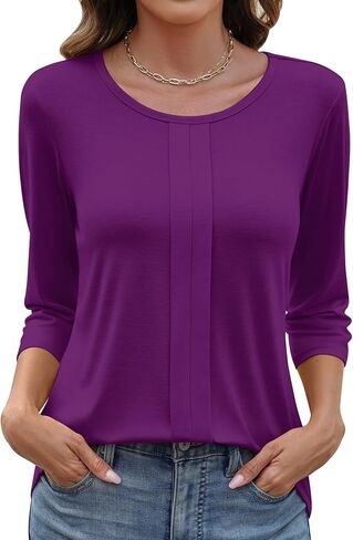 LOMON 3/4 طول كم المرأة بلايز عادية Crewneck الربيع الصيف مطوي تونك القمم عطلة الشاطئ تي شيرت in Saudi Arabia