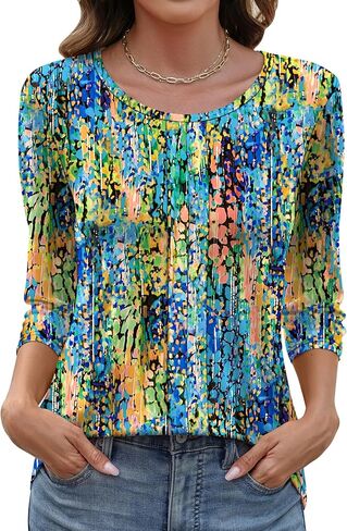 LOMON 3/4 طول كم المرأة بلايز عادية Crewneck الربيع الصيف مطوي تونك القمم عطلة الشاطئ تي شيرت in Saudi Arabia