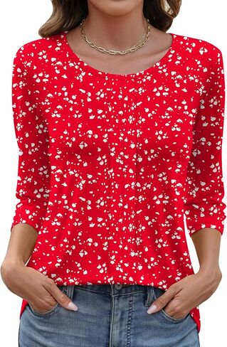 LOMON 3/4 طول كم المرأة بلايز عادية Crewneck الربيع الصيف مطوي تونك القمم عطلة الشاطئ تي شيرت in Saudi Arabia