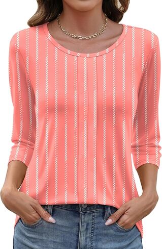 LOMON 3/4 طول كم المرأة بلايز عادية Crewneck الربيع الصيف مطوي تونك القمم عطلة الشاطئ تي شيرت in Saudi Arabia