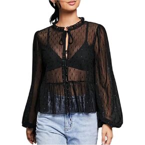 GORGLITTER Women's Polka Dots Mesh Boho Top Tie Front Bishop Sleeve Babydoll Shirt Mock Neck Country Concert Blouses in Saudi Arabia
