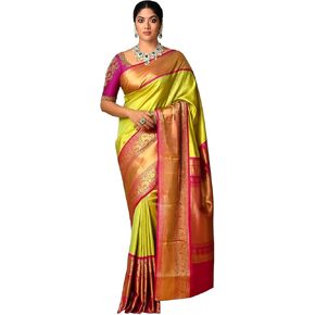 ساري نسائي من مزيج الحرير Kanjivaram Banarasi مع قطعة بلوزة غير مخيطة | الساري الهندي التقليدي للملابس الاحتفالية in Kuwait