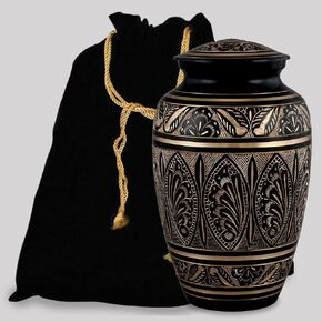 جرة حرق الجثث للبالغين من Forever URNS مع لمسة نهائية من النحاس الأسود محفورة يدويًا للرماد البشري للإناث والذكور | 200 متر مكعب في | كبير | بلاك جولدن | مصنوعة يدوياً بالكامل مع حقيبة مخملية (تصميم 2) in Kuwait