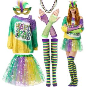 SATINIOR 6 Pcs Mardi Gras Outfit for Women Mardi Gras Costume Purple Sequin T-Shirt Skirt with Feather Mask Beads Necklaces in Kuwait