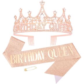 AHONEY Birthday Queen Crown and Glitter Sash for Women Tiara Birthday Accessories for Parties Favors and Decorations in Kuwait