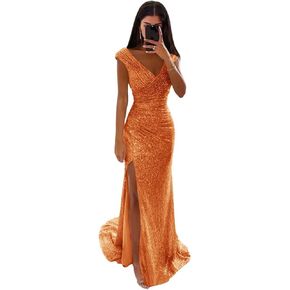 Sparkly Sequin Prom Dresses for Women 2026 Mermaid Ruched V Neck Formal Evening Party Dress with Slit in Saudi Arabia
