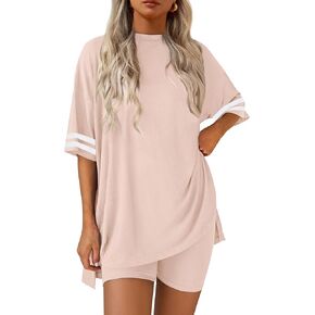 Ekouaer Lounge Sets for Women Casual Oversized Short Sleeve Tops Biker Shorts Soft Comfy Pajama Sets 2 Piece Outfits S-XXL in Kuwait