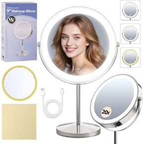 مرآة مكبرة مقاس 9 بوصات مع ضوء 1X/20X، مرآة مكياج مع ضوء تتضمن مرآة صغيرة، قابلة لإعادة الشحن 2000 مللي أمبير في الساعة، دوران 360 درجة، 3 أوضاع للألوان، مزدوجة الجوانب، مثالية للحواجب والعدسات والعناية بالبشرة in Kuwait
