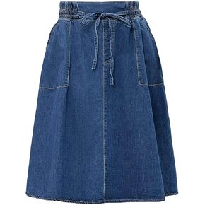 Womens Elastic Waist Denim Skirts Casual A-Line Flare Midi Jean Skirt with Pockets in Kuwait