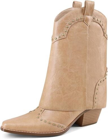 Women Shark Boots Fold Over Cowboy Boots Cowgirl Ankle Chunky Heel Snip Toe Pull On Studded Boots for Women in Saudi Arabia