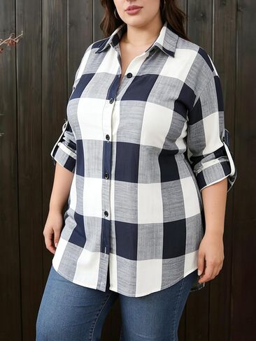 حجم كبير 1XL-5XL بلوزة غير رسمية المرأة منقوشة طباعة زر حتى نشمر كم طويل التلبيب طوق الخيوط الطويلة قميص علوي in Saudi Arabia