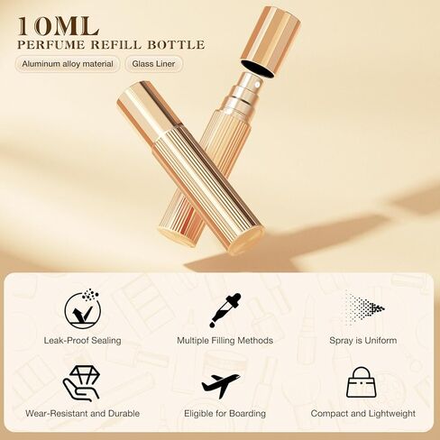 رذاذ عطر 10 مل قابل لإعادة الملء، زجاجة عطر مملوءة ببطانة زجاجية، موزع كولونيا صغير، حجم الجيب بخاخ محمول للنساء والرجال هدية رحلة سيارة كروز 0.34 أونصة (ذهبي) in Saudi Arabia