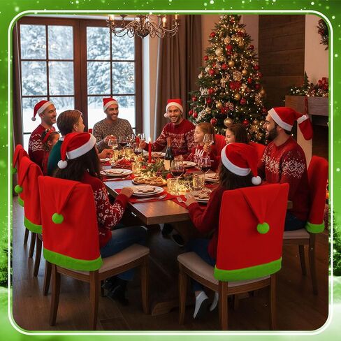 6pcs Red Hat Dining Chair Slipcovers Green Velvet Ball Christmas Chair Back Covers Kitchen Seat Covers for Christmas Holiday Festival Decoration in Saudi Arabia