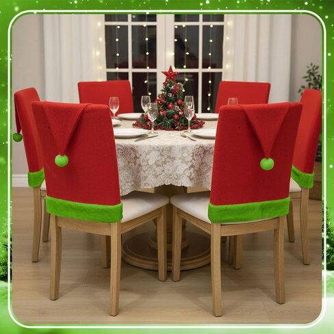 6pcs Red Hat Dining Chair Slipcovers Green Velvet Ball Christmas Chair Back Covers Kitchen Seat Covers for Christmas Holiday Festival Decoration in Saudi Arabia