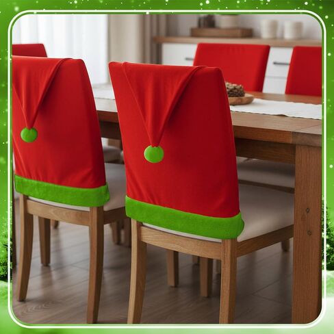 6pcs Red Hat Dining Chair Slipcovers Green Velvet Ball Christmas Chair Back Covers Kitchen Seat Covers for Christmas Holiday Festival Decoration in Saudi Arabia
