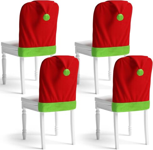6pcs Red Hat Dining Chair Slipcovers Green Velvet Ball Christmas Chair Back Covers Kitchen Seat Covers for Christmas Holiday Festival Decoration in Saudi Arabia