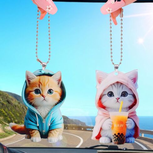 2pcs 2D Acrylic Sweater Cat key chains Pendant Cute Cartoon Keychain Car Rearview Mirror Backpack Charm Decoration,7.5cm in Saudi Arabia