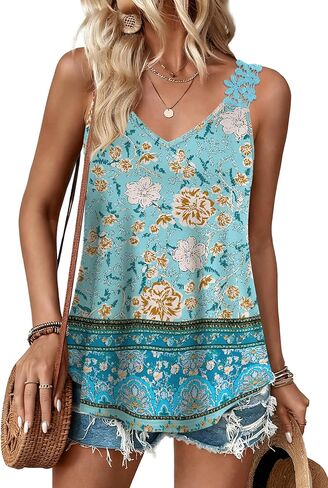Sipaya Tank Top for Women Spring Fashion Sleeveless V Neck Lace Tops Flower Flowy Summer Outfits Beach Vacation in Kuwait