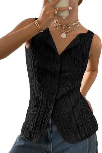BLENCOT Women's Vest Top Slim Fitted Button Down Knit Vests Stretchy Textured Jacquard Going Out Tops in Saudi Arabia