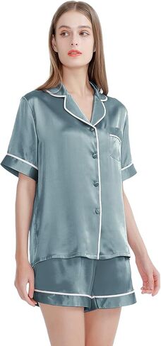 SIIK 100% Mulberry Silk Pajamas Set for Women - 2 Piece Lingerie Sets, Lounge Sleepwear Women Sets, Steel Blue Large in Saudi Arabia