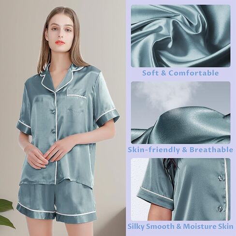 SIIK 100% Mulberry Silk Pajamas Set for Women - 2 Piece Lingerie Sets, Lounge Sleepwear Women Sets, Steel Blue Large in Saudi Arabia